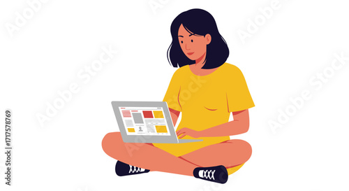 Stylized vector illustration of a woman working remotely on a laptop
