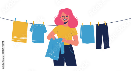 Stylized flat illustration of a person doing laundry and hanging clothes