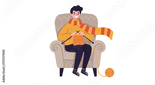 Stylized vector illustration of a person joyfully knitting a scarf in a chair