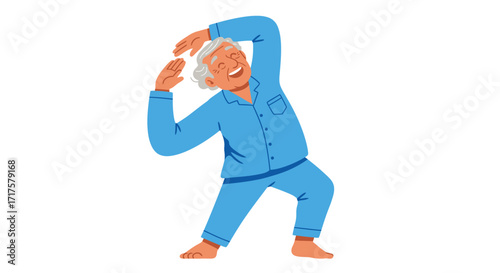 Illustration of happy elderly person stretching in pajamas after waking up
