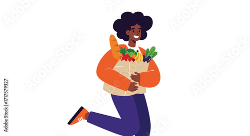 Happy african american woman holding groceries bag with fresh food vector