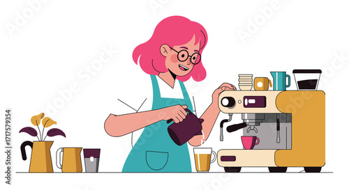 Stylized barista preparing coffee with passion in minimalist vector art