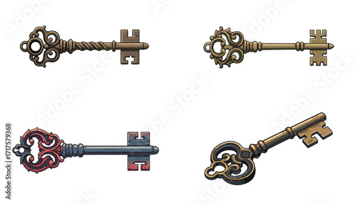 Collection of intricately designed vintage keys, isolated on a clean background