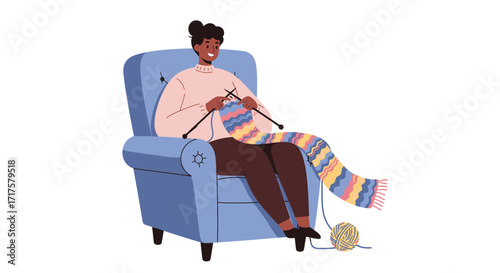 Illustration of a woman knitting a colorful scarf while sitting in a blue chair