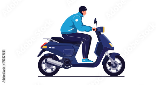 Stylized vector artwork of a man riding a modern electric scooter