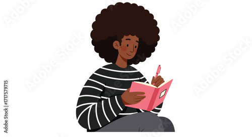 Stylish illustration featuring student absorbed in notebook writing task