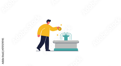 Flat vector illustration of person tossing a coin into a fountain for good luck