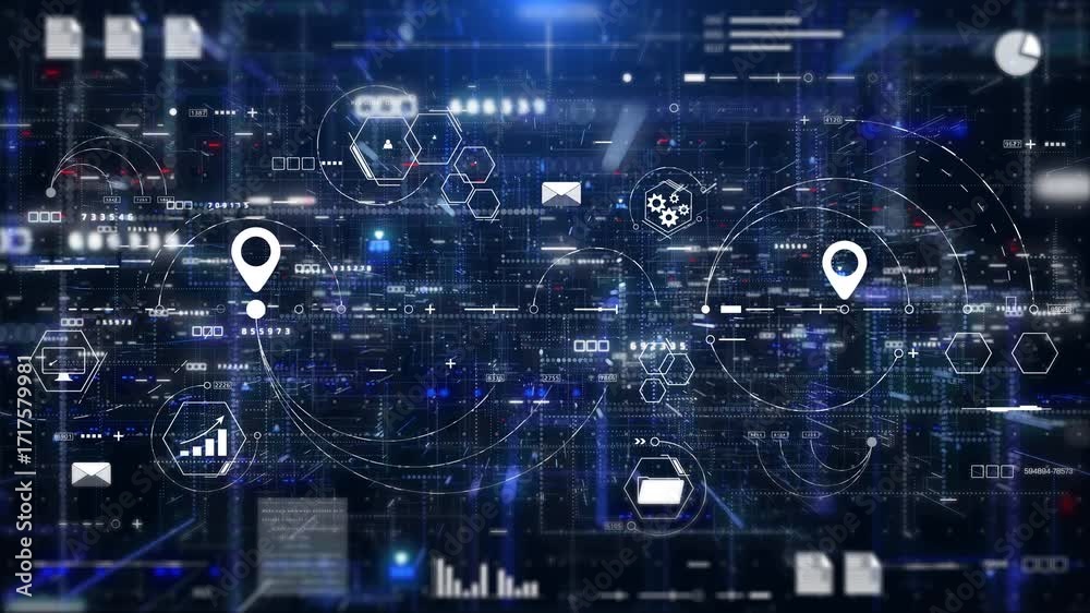 Abstract Global Cyber Business Workspace Technology with Data Flow Analytics, Security Icons, and Dynamic Geometric Dots, Lines Structure Abstract Global Cyber Business Workspace Technology with Data Flow Analytics, Security Icons, and Dynamic Geometric Dots, Lines Structure
