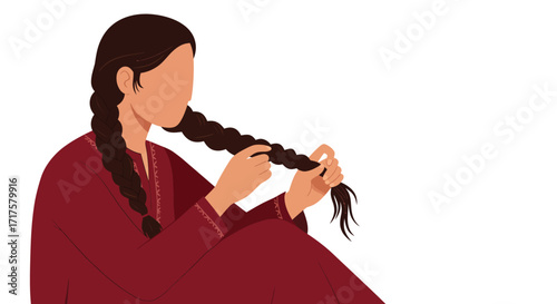 Illustration of a person braiding their dark hair on a white backdrop