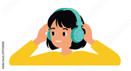 Stylized vector illustration of a person with turquoise headphones on white
