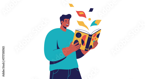 Vibrant vector illustration of a person reading with pages fluttering around book