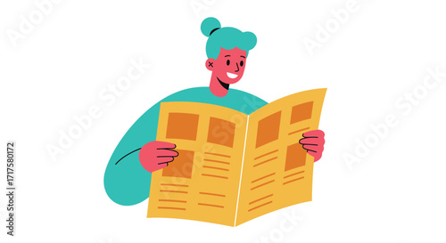 Stylized flat vector of a cheerful person immersed in reading newspaper