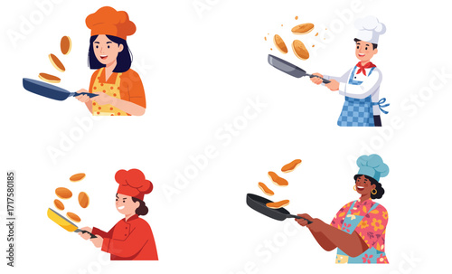 Diverse chefs joyfully flipping pancakes in frying pans on white background