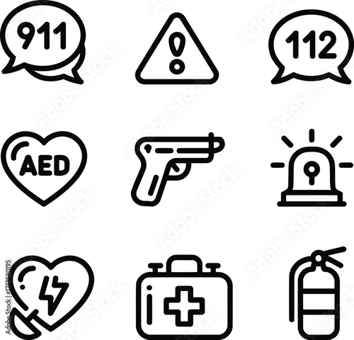 Emergency Preparedness Icons Depicting Response Numbers, First Aid and Fire Equipment Featuring Bold Black and White Designs for Clarity and Recognition