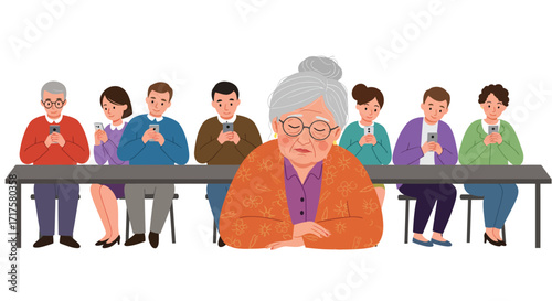 Elderly woman isolated amid technology addicted family during gathering