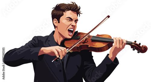 Energetic violinist performance with intensity expression in a vector style