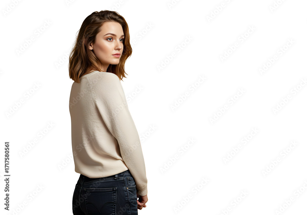 Fototapeta premium Young woman in casual beige sweater looking sideways, isolated on transparent background