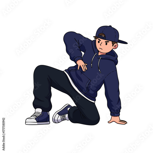 a child wearing a backward baseball cap, an oversized hoodie, and sneakers, in a breakdance pose on the floor