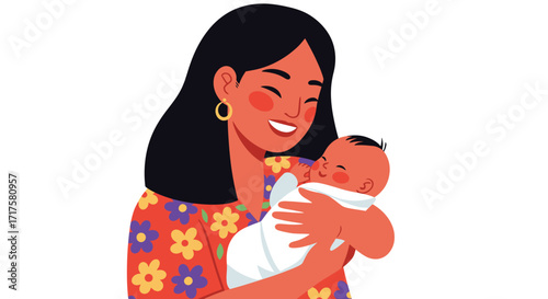 Affectionate mother cradling her newborn baby in a nurturing embrace