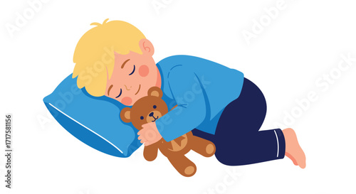 A Charming Illustration of a Child Sleeping with Teddy Bear on White