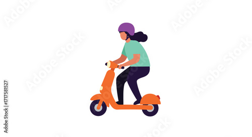 Stylized flat vector illustration of a person riding vibrant orange scooter