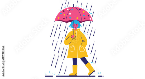 Cheerful cartoon girl in a bright raincoat walking in the rain with umbrella