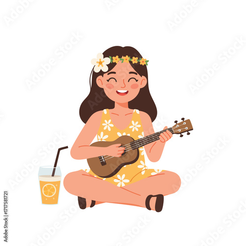 a girl with a flower in her hair, wearing a summer dress, sitting cross-legged and happily strumming a ukulele