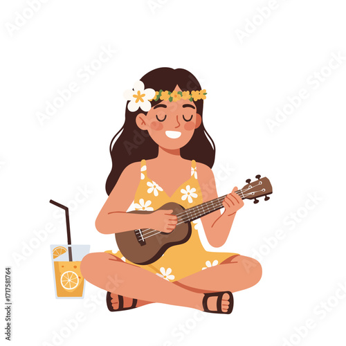 a girl with a flower in her hair, wearing a summer dress, sitting cross-legged and happily strumming a ukulele