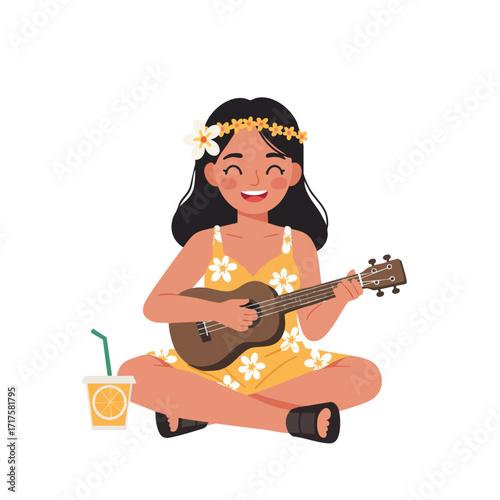 a girl with a flower in her hair, wearing a summer dress, sitting cross-legged and happily strumming a ukulele