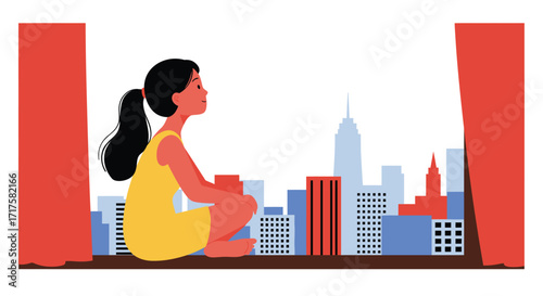 Serene contemplation: a young woman gazes at a stylized urban panorama