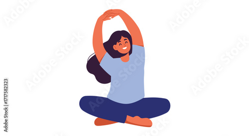 Serene woman practicing mindful stretching and relaxation on a white background