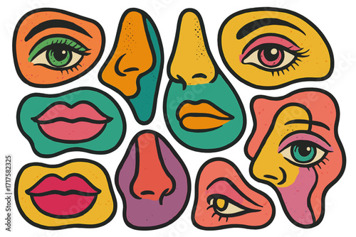Colorful Y2K halftone collage with lips, noses, eyes in abstract shapes, pop modern art poster decor, trendy facial elements vector illustration with vintage newspaper texture