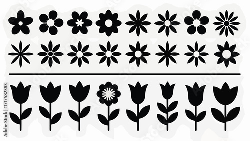 Collection of black flower icons and silhouettes on a white background image photo
