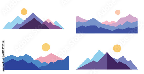 Minimalist mountain landscape illustrations with soft sunset hues and vector design