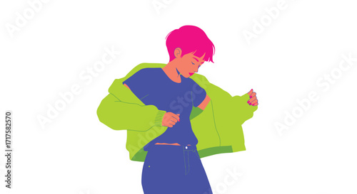 Stylized flat vector illustration of a person donning a bright jacket