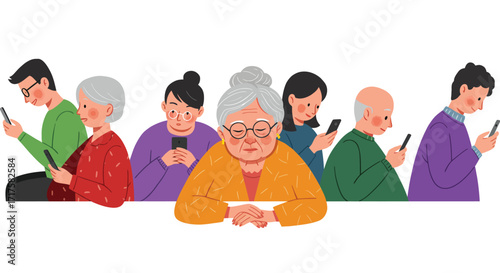 Solitude amidst connectedness: Elderly woman amidst mobile phone users