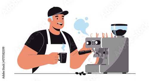 A stylized barista making coffee with an espresso machine illustration