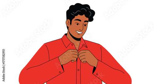Stylized illustration of a smiling person buttoning a red shirt on white background