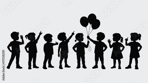 Silhouette of diverse children holding balloons and pointing kids black and white