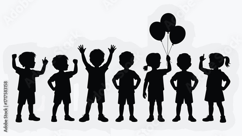 Silhouette of diverse children with raised hands and balloons kids black and white