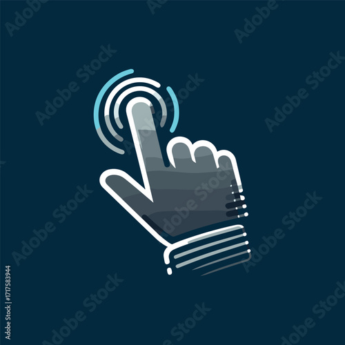Illustration of a hand pressing a button, symbolizing interaction and technology with a dark background