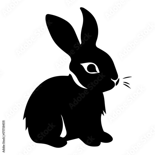 Silhouette of a black rabbit with long ears and a white collar sitting upright on a white background