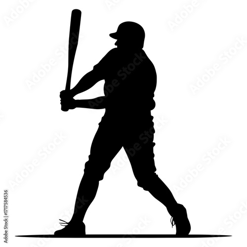 Silhouette of a baseball player swinging a bat with cap and shoes in a batting stance position ready to hit