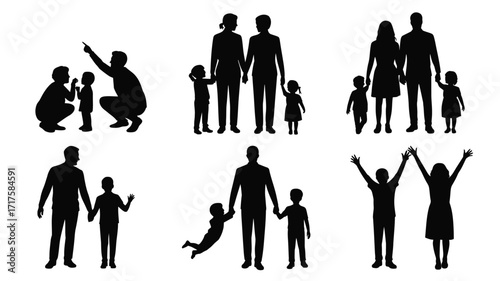 Multiple silhouette family groups with parents and children in various poses people