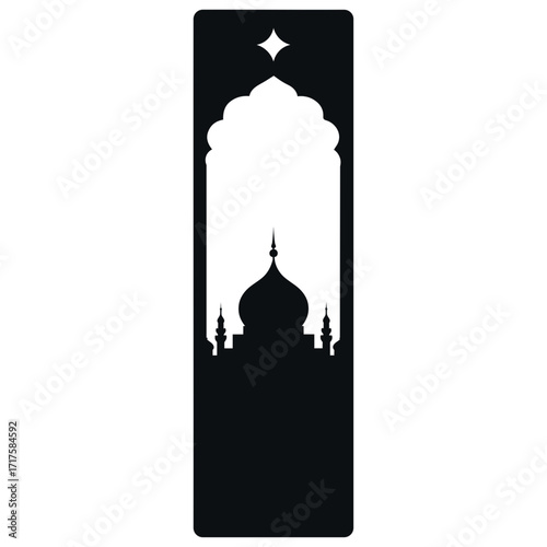 Silhouette of a mosque with domes and minarets under an archway and a star at the top of the frame
