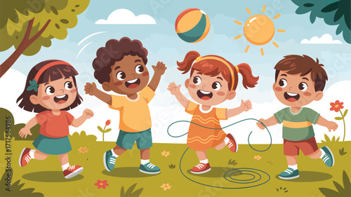 Diverse group of happy children playing ball in a sunny park Keywords: children, kids, playing