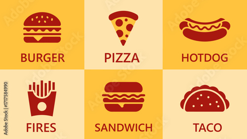 A vibrant collage of popular fast food icons, celebrating delicious cravings and casual dining.