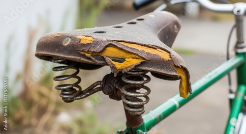 An old worn bicycle seat with torn brown material exposing yellow foam mounted on a green frame with visible rusty springs