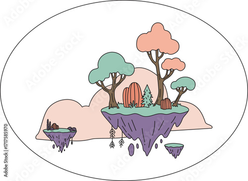 Whimsical floating island fantasy landscape with colorful trees and mountains