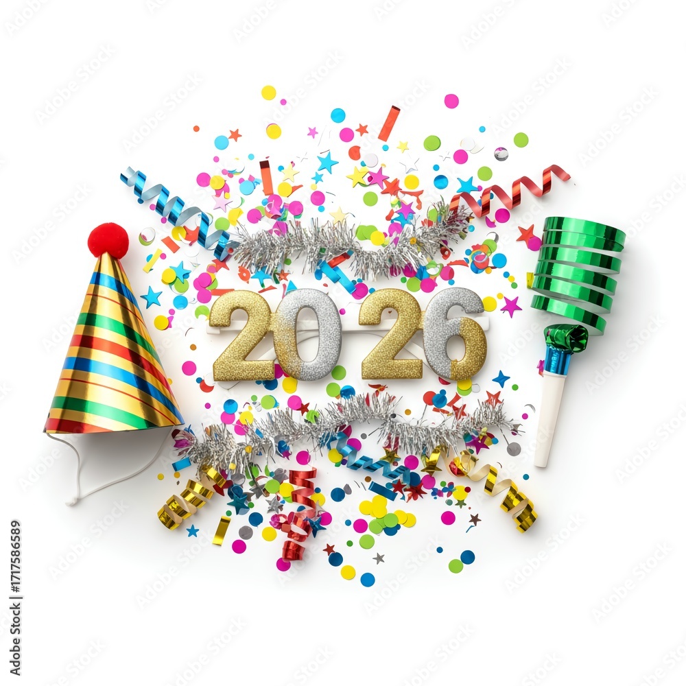 Obraz premium Celebrate the New Year with vibrant 2026 party decorations, confetti, and festive noisemakers for an unforgettable festive kickoff